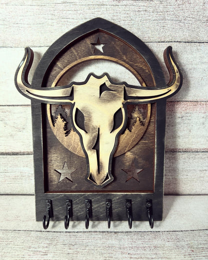 Cow Skull Wooden Keychain Holder