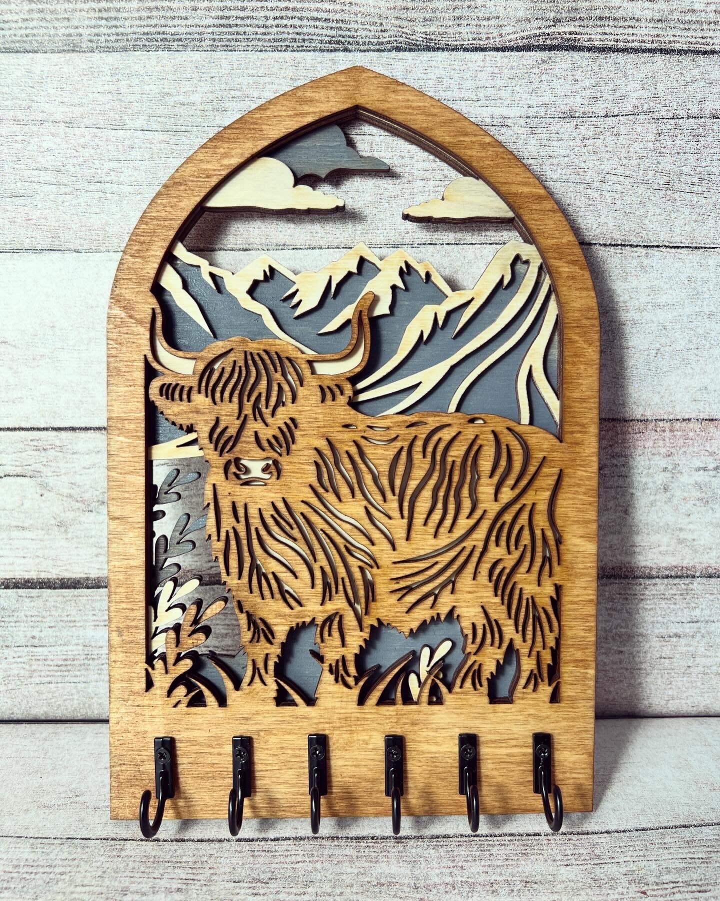 Highland Cow Wooden Keychain Holder